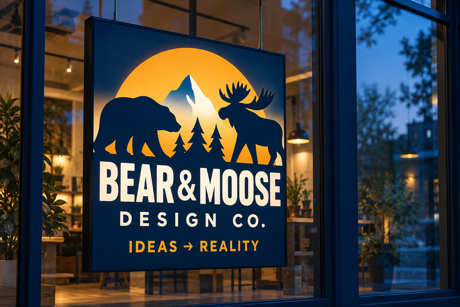 Bear and moose silhouettes with a golden sun on a navy storefront sign, a Bear & Moose brand concept